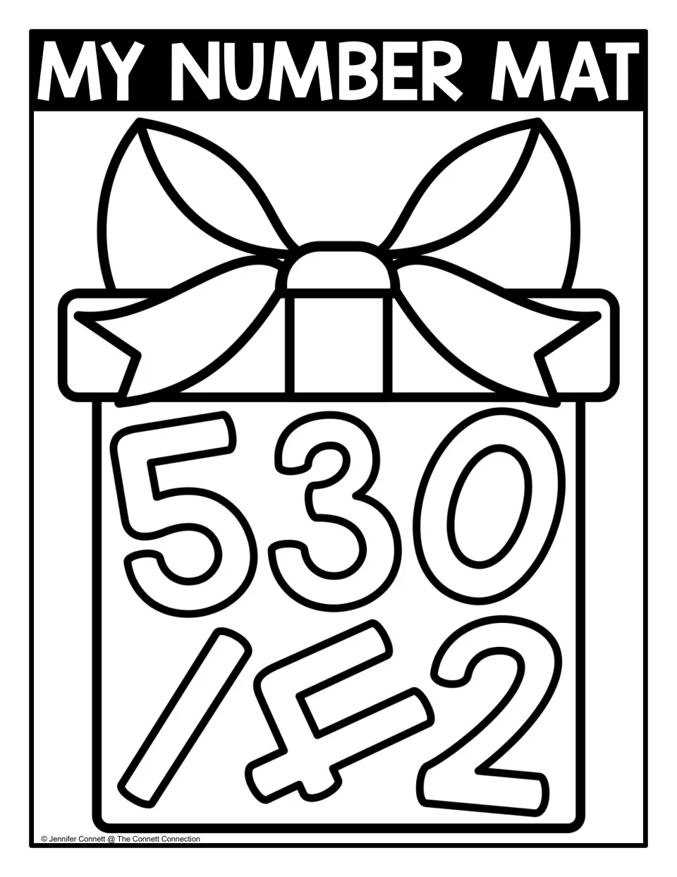Black-and-white number seek-and-find mat labeled 'MY NUMBER MAT,' showing numbers 0–5 inside a present.