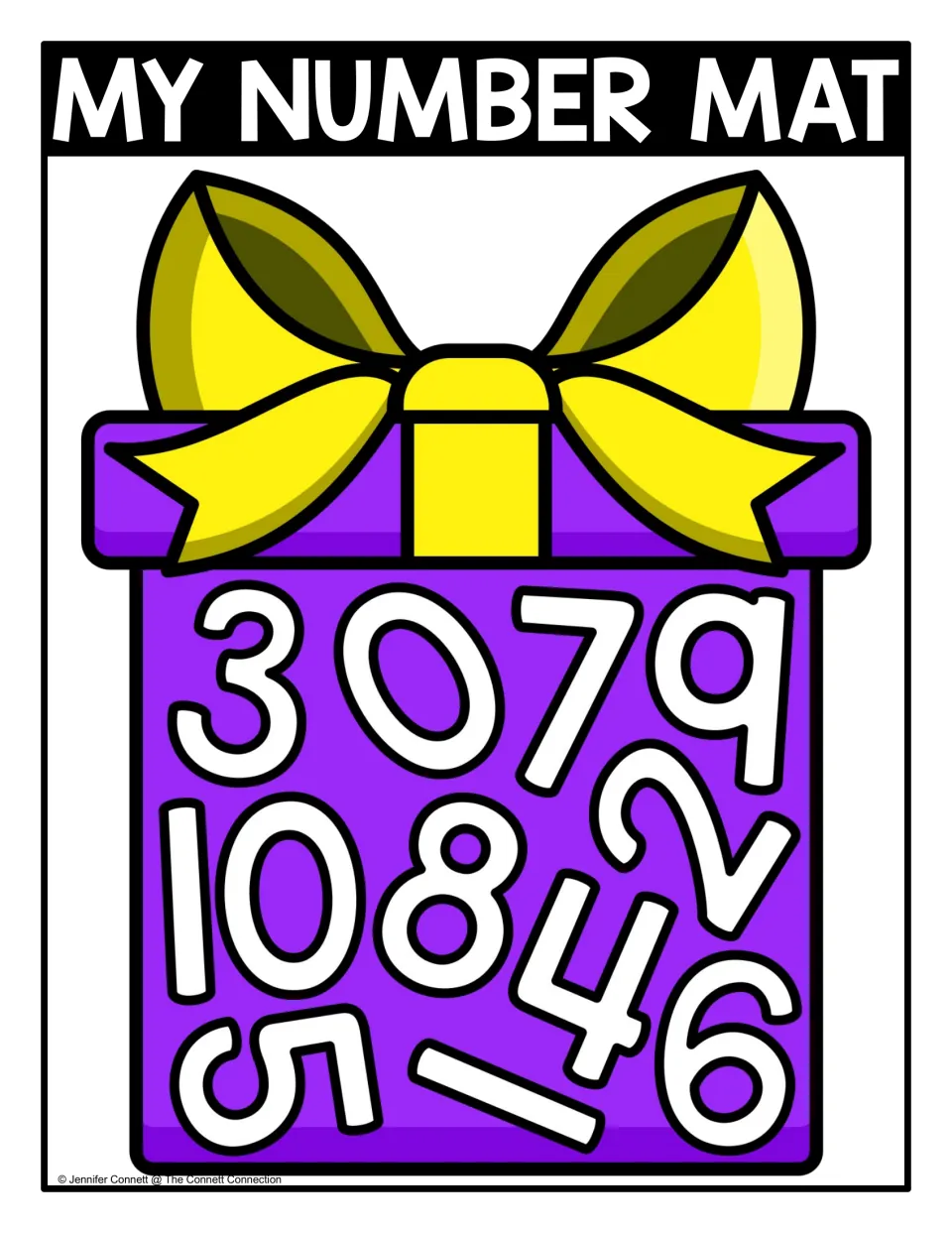 Color number seek-and-find mat labeled 'MY NUMBER MAT,' featuring numbers 0–10 scattered inside a present.