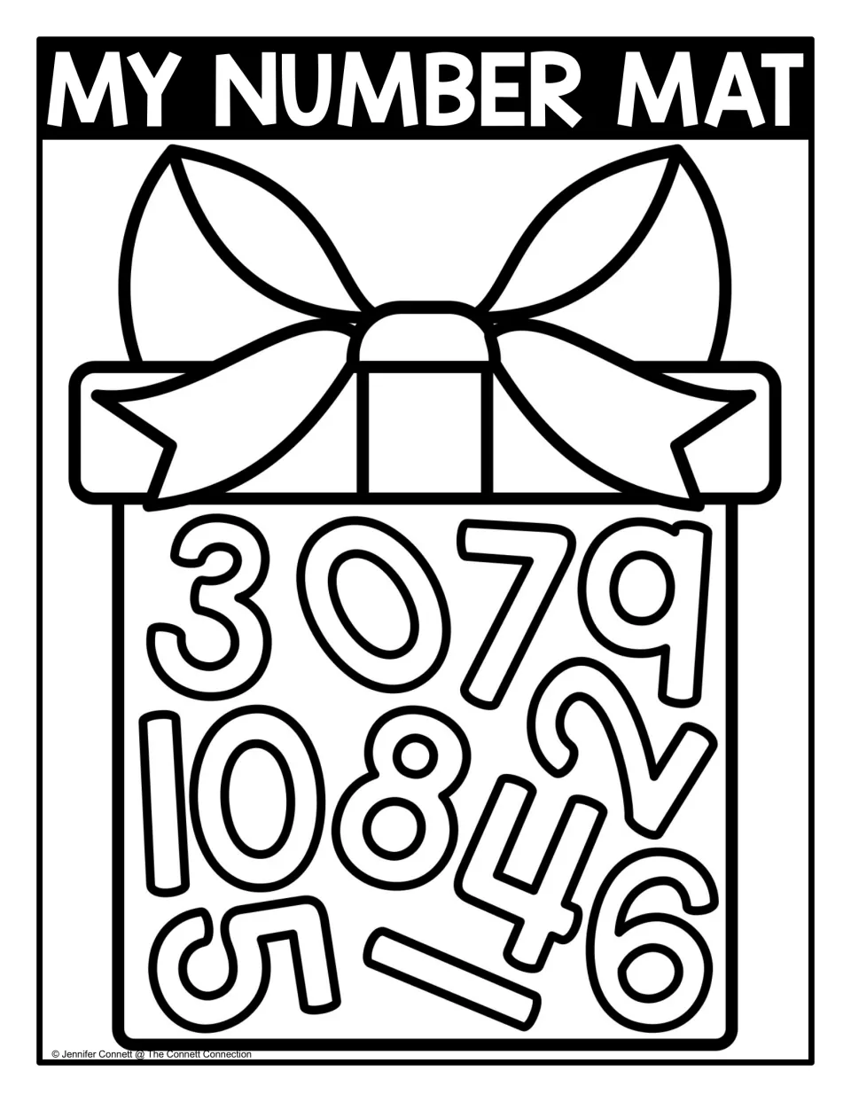 Black-and-white number seek-and-find mat labeled 'MY NUMBER MAT,' showing numbers 0–10 inside a present.