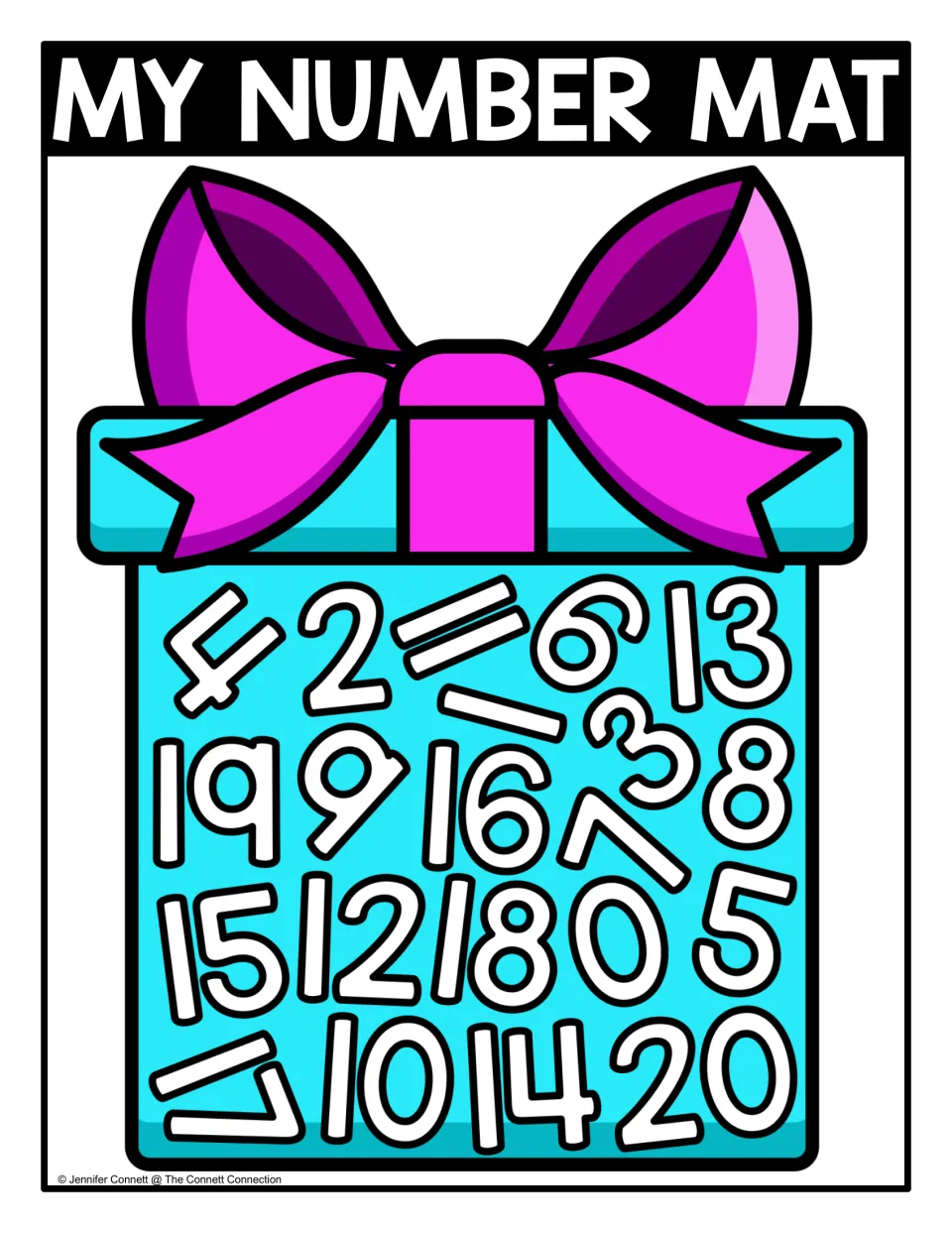 Color number seek-and-find mat labeled 'MY NUMBER MAT,' featuring numbers 0–20 scattered inside a present.