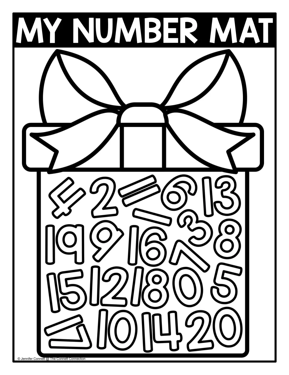 Black-and-white number seek-and-find mat labeled 'MY NUMBER MAT,' showing numbers 0–20 inside a present.