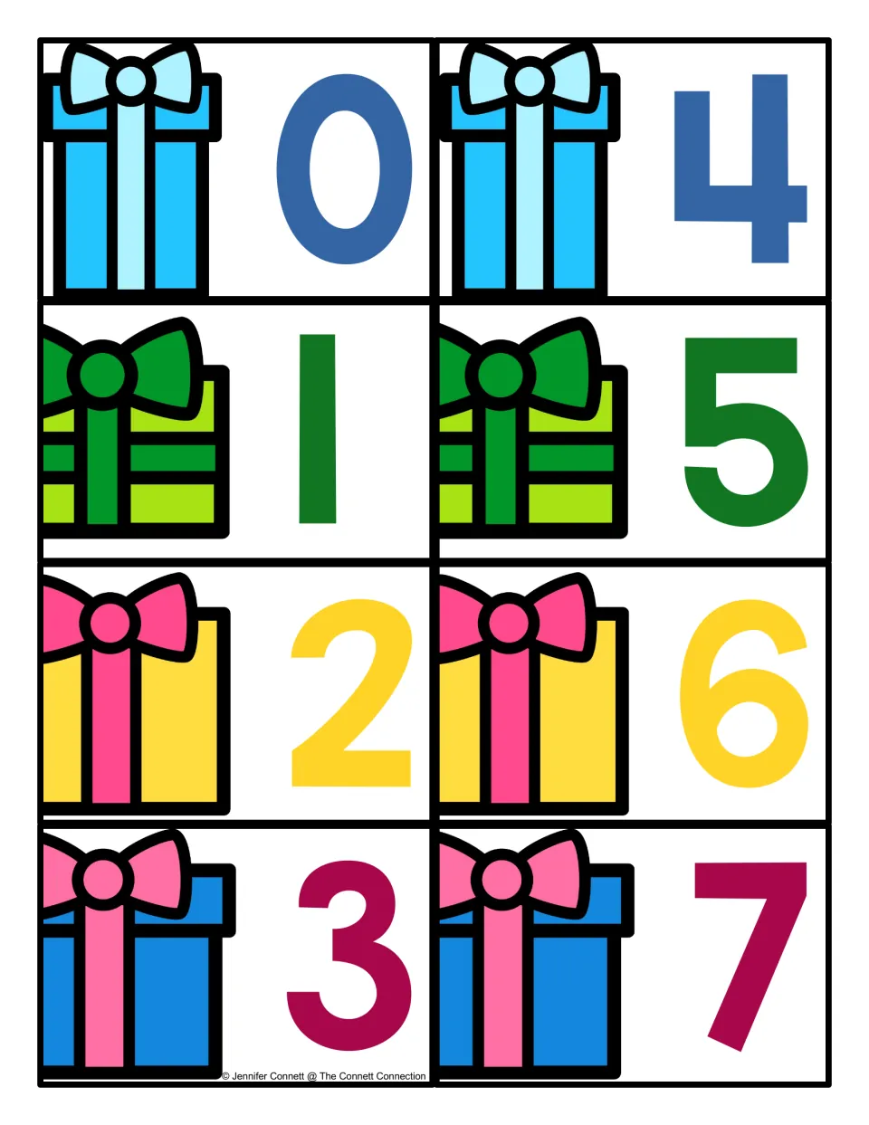 Eight Christmas present number cards showing 0–7, part of the 21-card set for matching numbers on the mats.