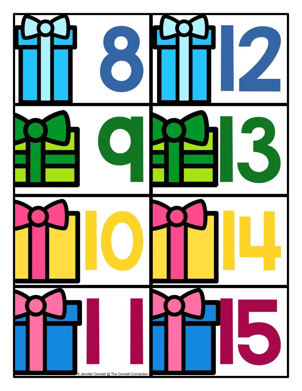 Eight Christmas present number cards showing 8–15, part of the 21-card set for matching numbers on the mats.