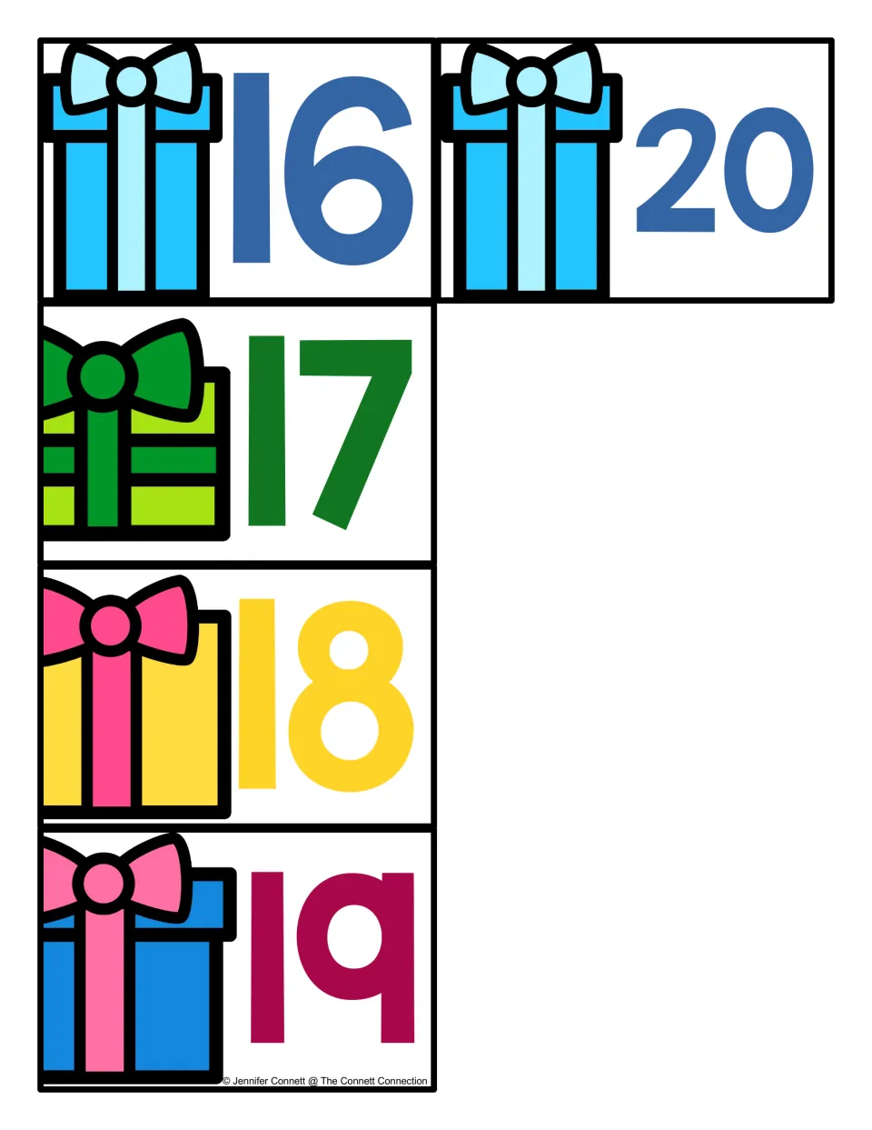 Five Christmas present number cards showing 16–20, completing the 21-card set for matching numbers on mats.