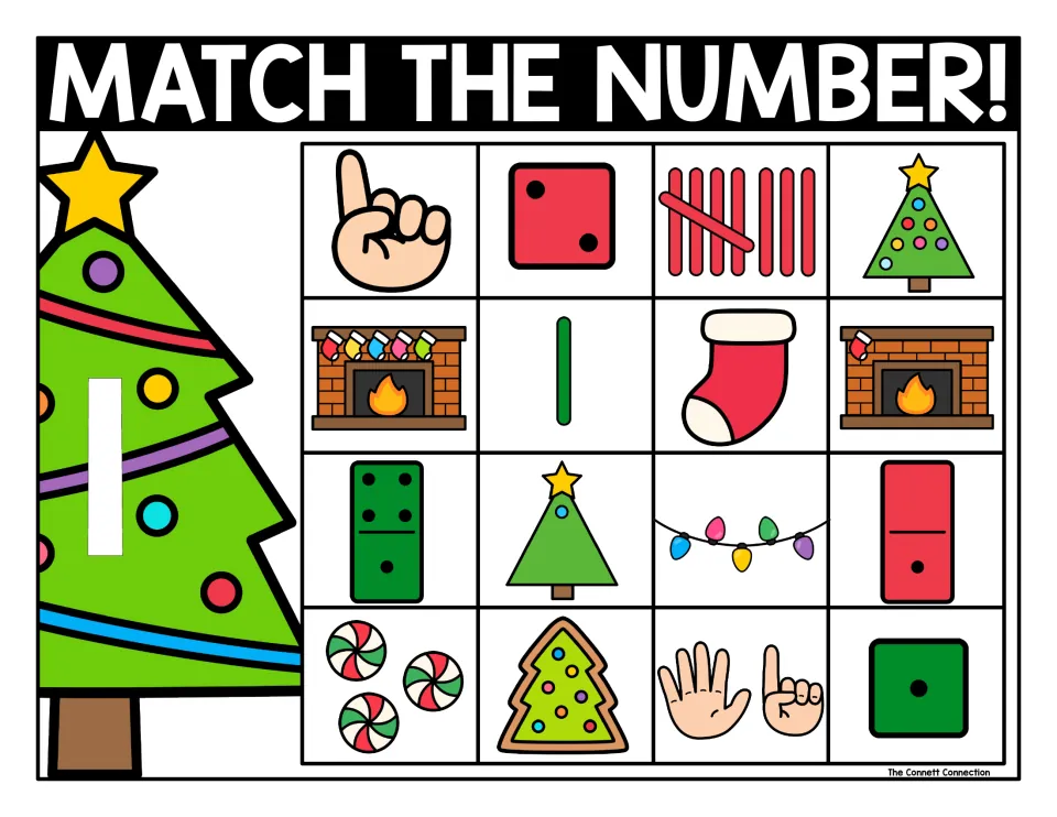 Match the Number 1 mat: students subitize and pick tiles showing 1 among Christmas pictures, dice, dominoes and tallies