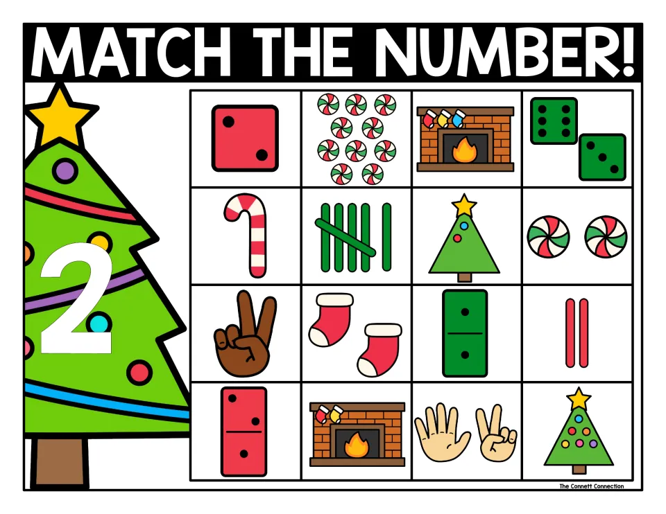 Match the Number 2 mat: students find every tile showing two, such as 2 stockings, a peace-sign hand or a two-dot domino