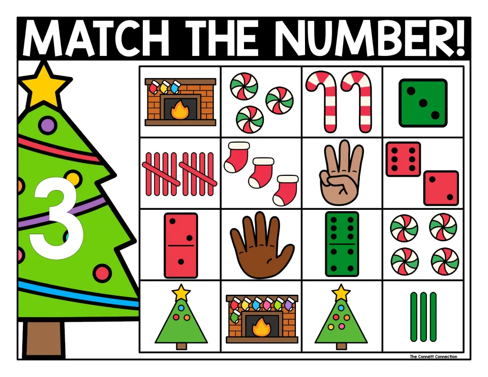 Match the Number 3 mat: students spot the sets of three, including 3 stockings, 3 peppermints, a die and 3 sticks
