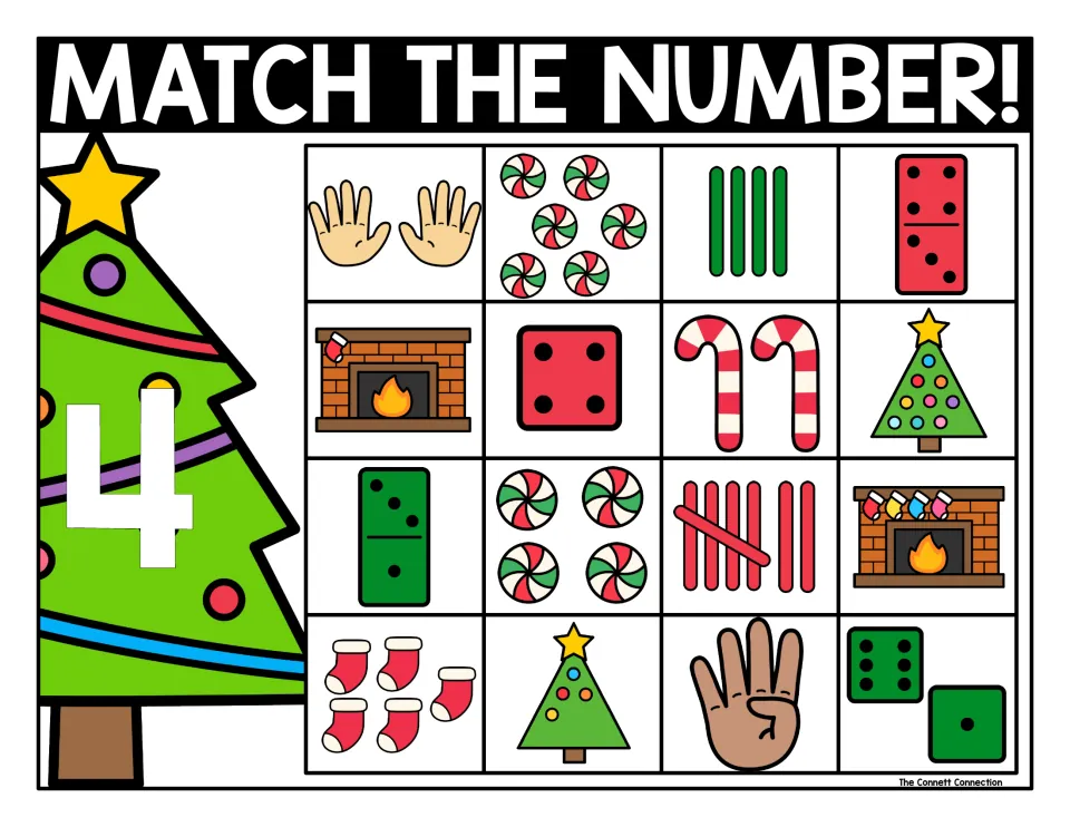 Match the Number 4 mat: students identify fours: a four-dot die, 4 peppermints, 4 tally sticks and a four-finger hand