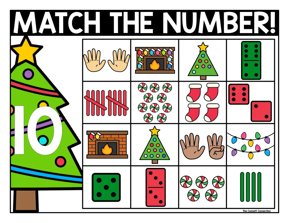 Match the Number 10 mat: students recognize ten in two open hands, a tally of ten, 10 peppermints and a ten-dot domino