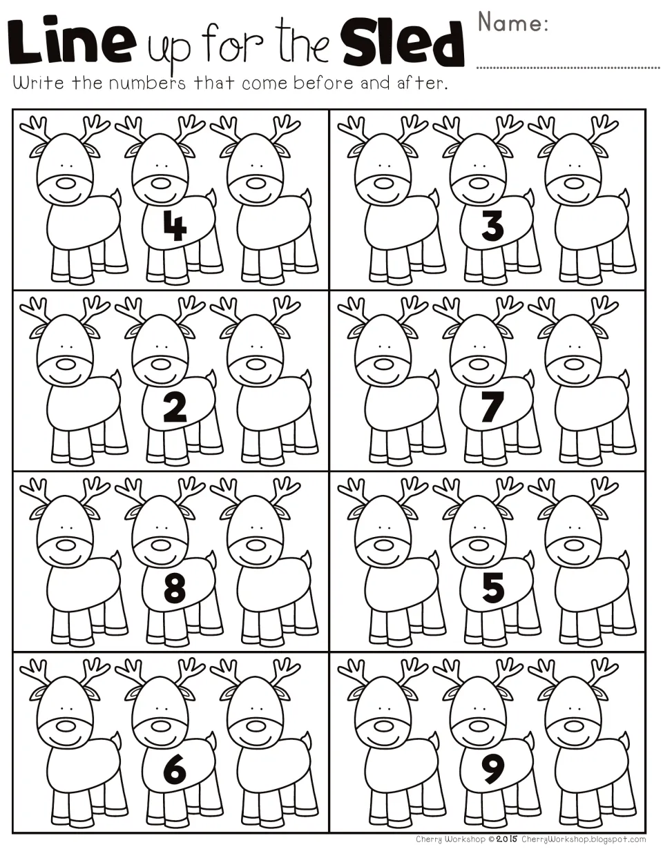 Number practice worksheet: write the numbers that come before and after 4, 3, 2, 7, 8, 5, 6, and 9.