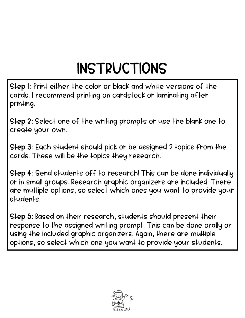 Five-step activity instructions for printing cards, choosing two topics, researching, and presenting a response
