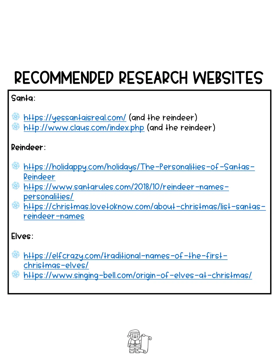 Recommended research websites for the writing activity, grouped under Santa, reindeer, and elves