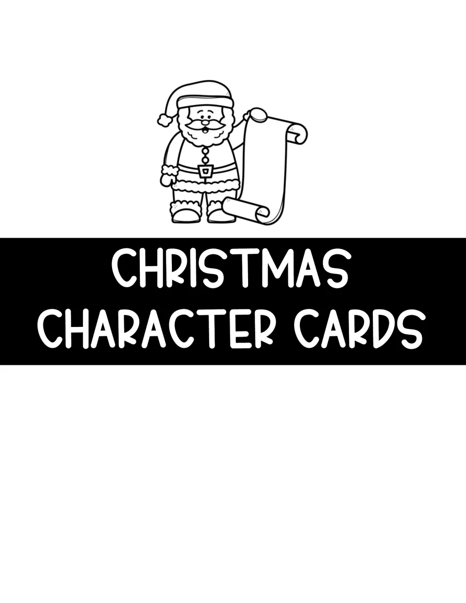 Section divider labeled 'Christmas Character Cards' introducing the cards students choose for research