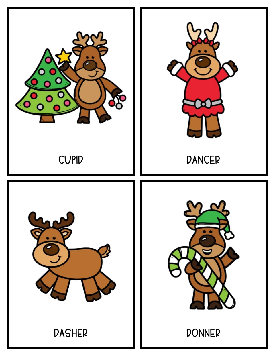 Christmas character cards 5–8 in color, showing the reindeer Cupid, Dancer, Dasher, and Donner