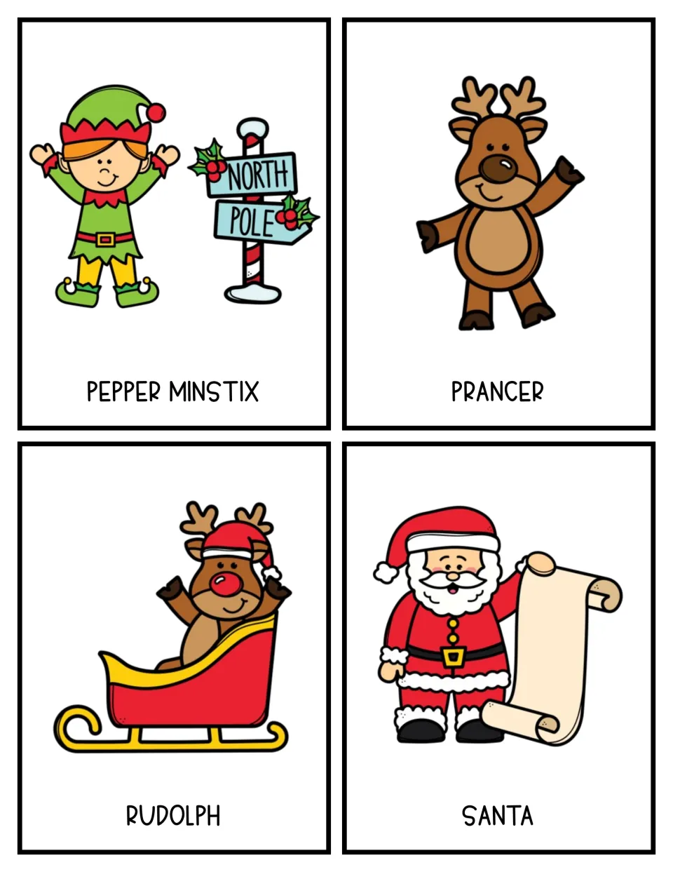 Christmas character cards 9–12 in color: Pepper Minstix, Prancer, Rudolph, and Santa for research