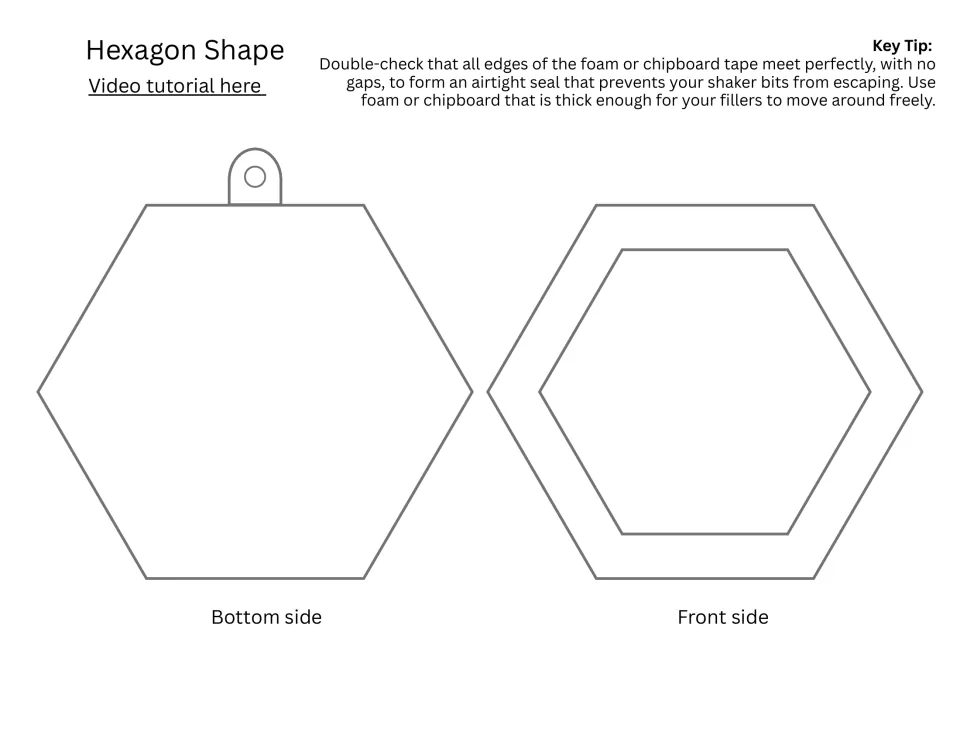 Hexagon shaker ornament pattern: a solid bottom piece with a hanging tab and a hollow hexagon front frame for cutting