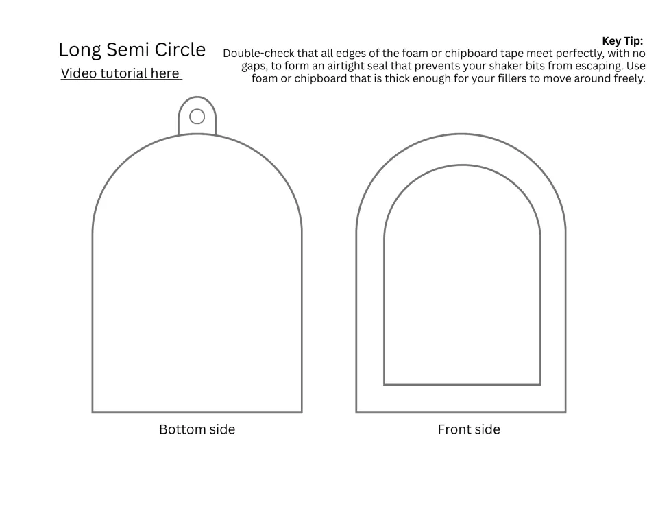 Long semi circle shaker ornament: an arched bottom piece with a hanging loop and a matching arched front frame to cut out