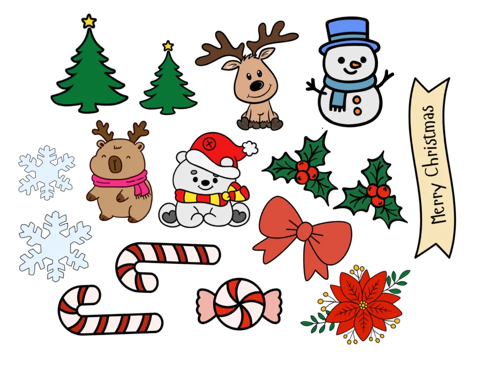 Colored Christmas images to cut out: trees, reindeer, snowman, bear, holly, bow, candy canes, snowflakes and poinsettia
