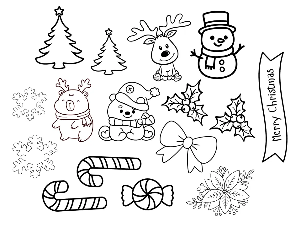 Outline Christmas pictures to color and cut out: trees, reindeer, snowman, holly, candy canes and a Merry Christmas banner