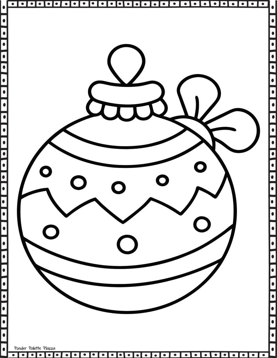 Christmas ornament coloring page: a round bauble with a side bow, zigzag band, polka dots and stripes for students to color