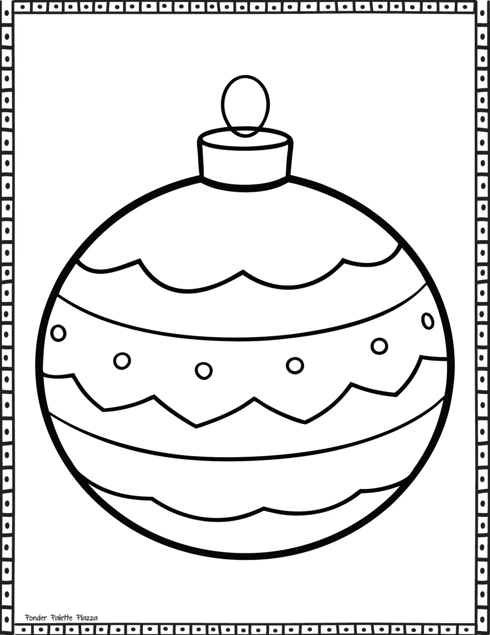 Ornament coloring page: a round bauble with scalloped wave bands and a row of dots between stripes for students to color