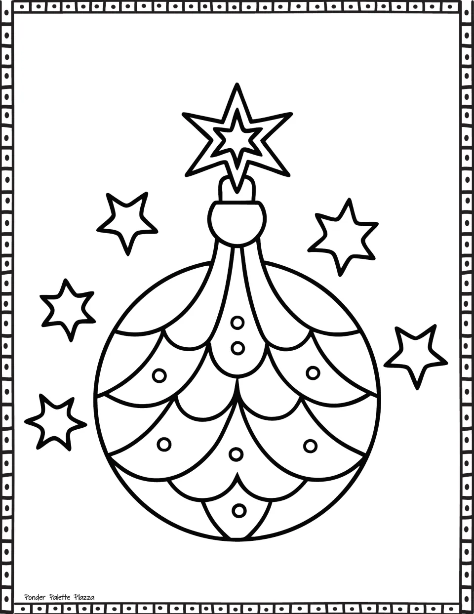 Star ornament coloring page: a bauble crowned by a star, decorated with layered scallops and dots, surrounded by five stars