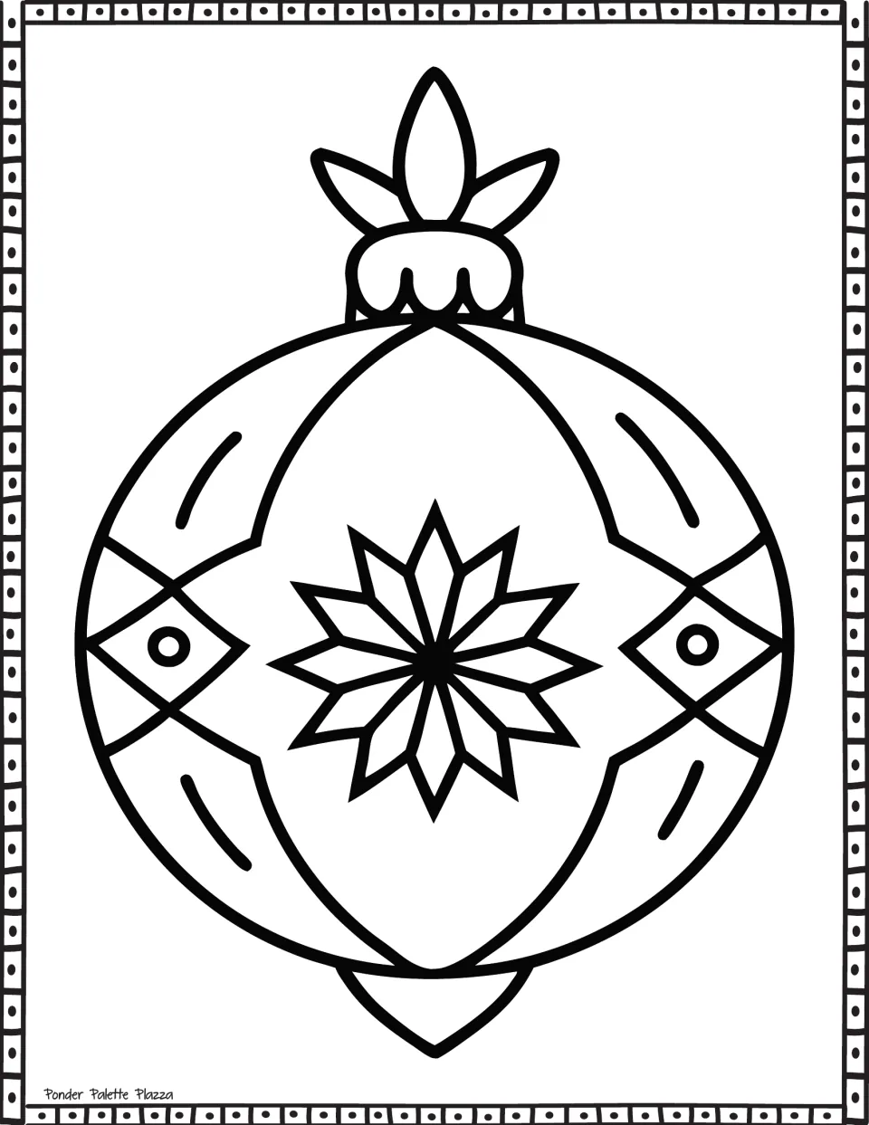 Snowflake ornament coloring page: an onion-shaped bauble with a leaf-topped cap, central snowflake and diamond side motifs