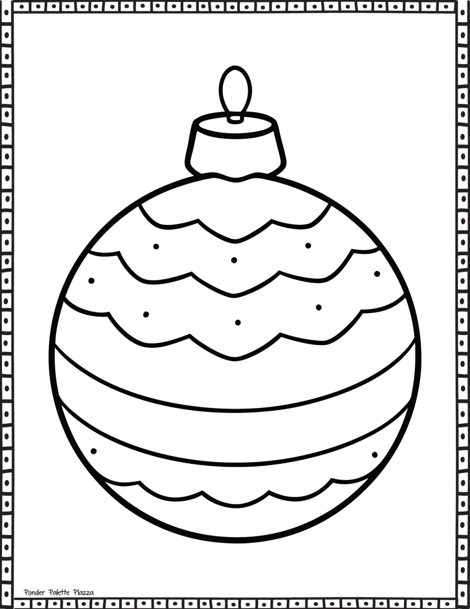 Ornament coloring page: a round bauble with three scalloped bands sprinkled with tiny dots above plain stripes to color