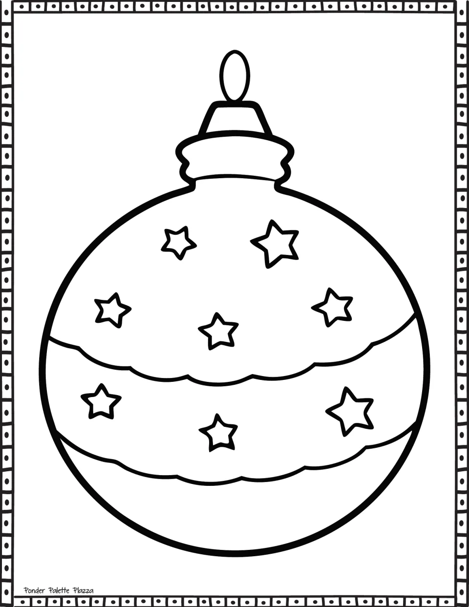 Starry ornament coloring page: a round bauble covered in small stars with two wavy cloud-like bands across it to color