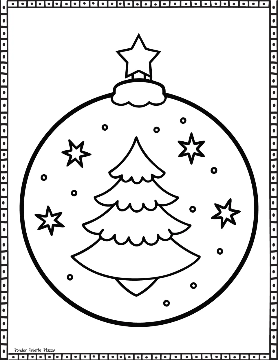 Christmas ornament coloring page: students color a round bauble showing a pine tree, stars and snow dots, topped by a star