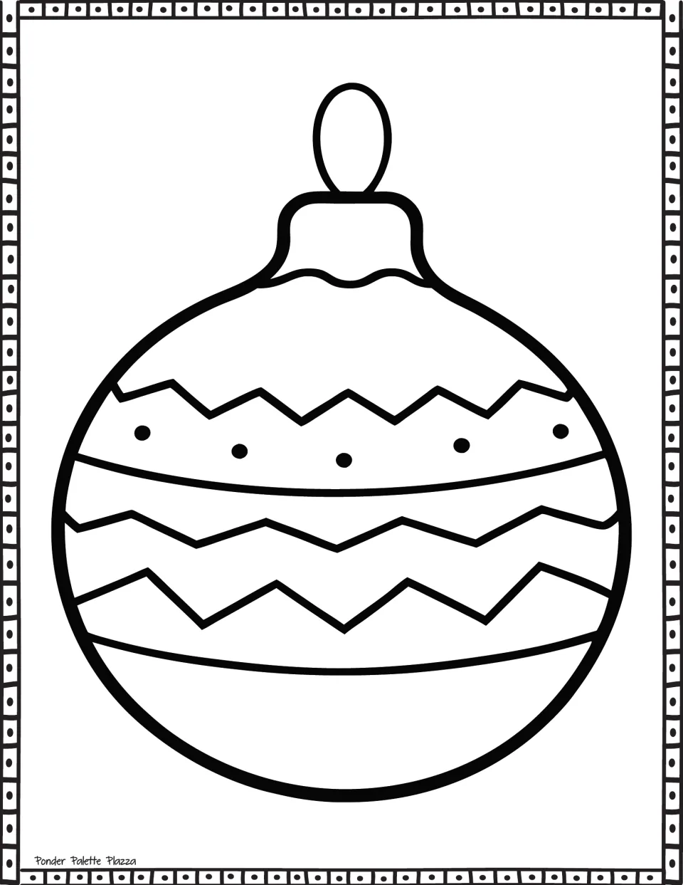 Christmas ornament coloring page: students color a round bauble with zigzag bands, a row of dots and an oval hanging loop
