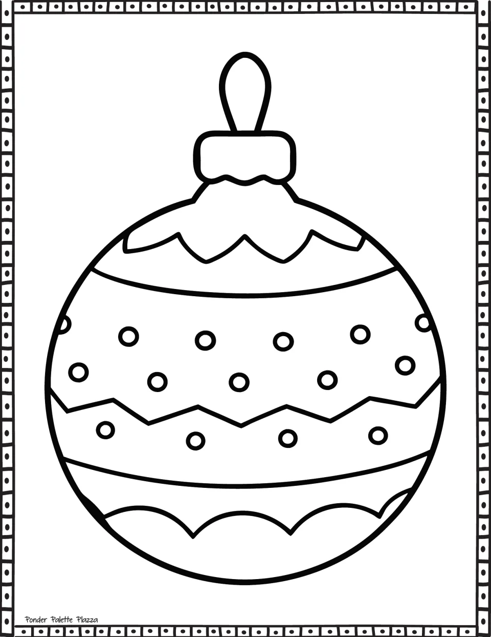 Christmas ornament coloring page: students color a bauble with zigzag top trim, rows of small circles and a scalloped band