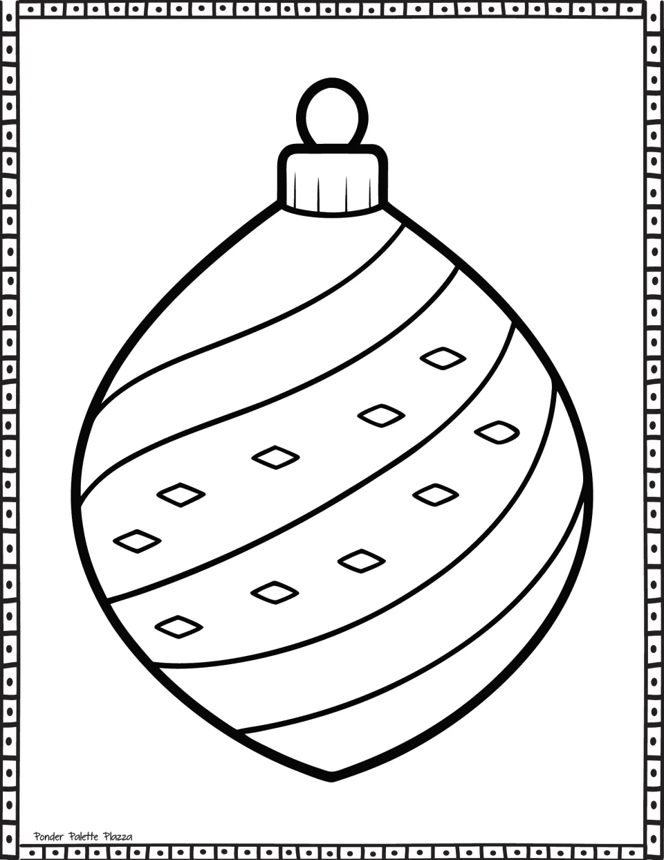 Christmas ornament coloring page: students color a teardrop ornament with diagonal swirl stripes dotted with small diamonds