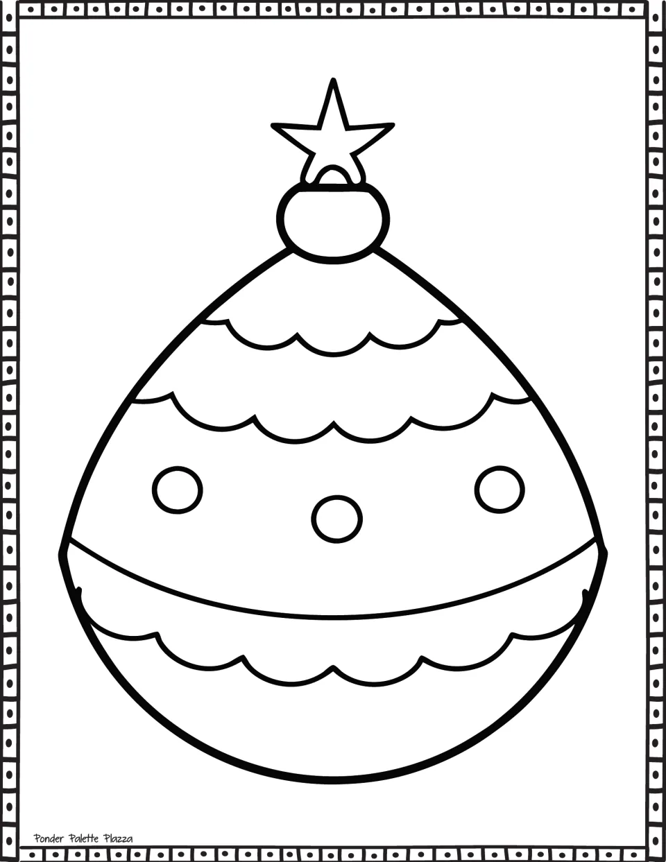 Christmas ornament coloring page: students color a star-topped egg-shaped bauble with scalloped bands and three big circles