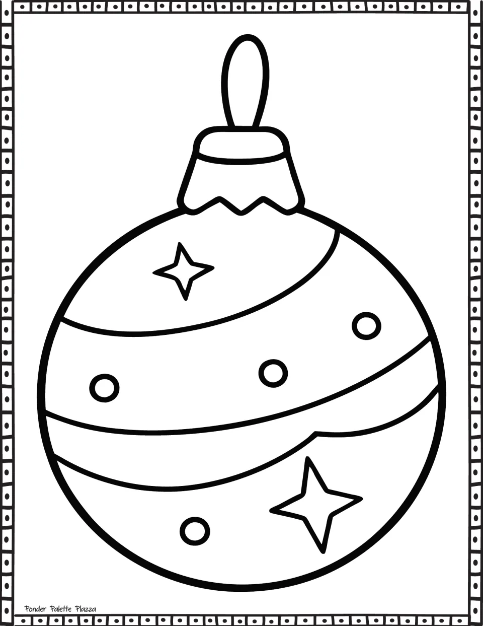 Christmas ornament coloring page: students color a round bauble with curving stripes, four-point sparkle stars and circles