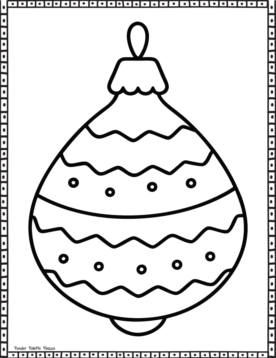 Christmas ornament coloring page: students color a drop-shaped ornament with wavy bands and rows of small circles