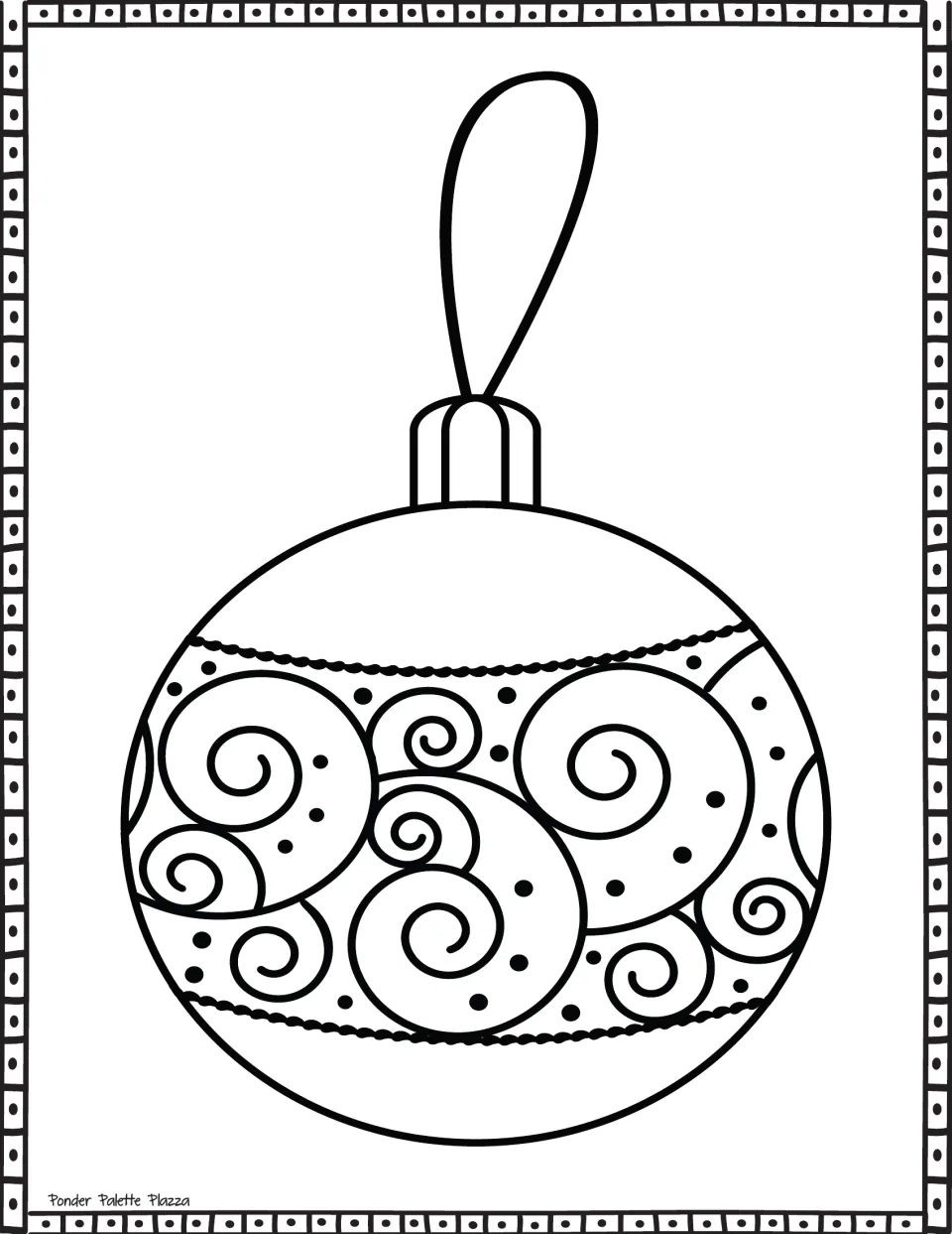 Round Christmas bauble coloring page: students color a hanging ornament with a wide band of spirals and dots