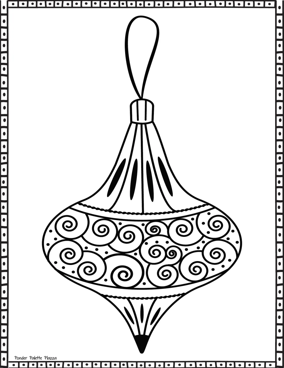Onion-shaped ornament coloring page: students color a tapered drop ornament with a swirl band and a pointed tip