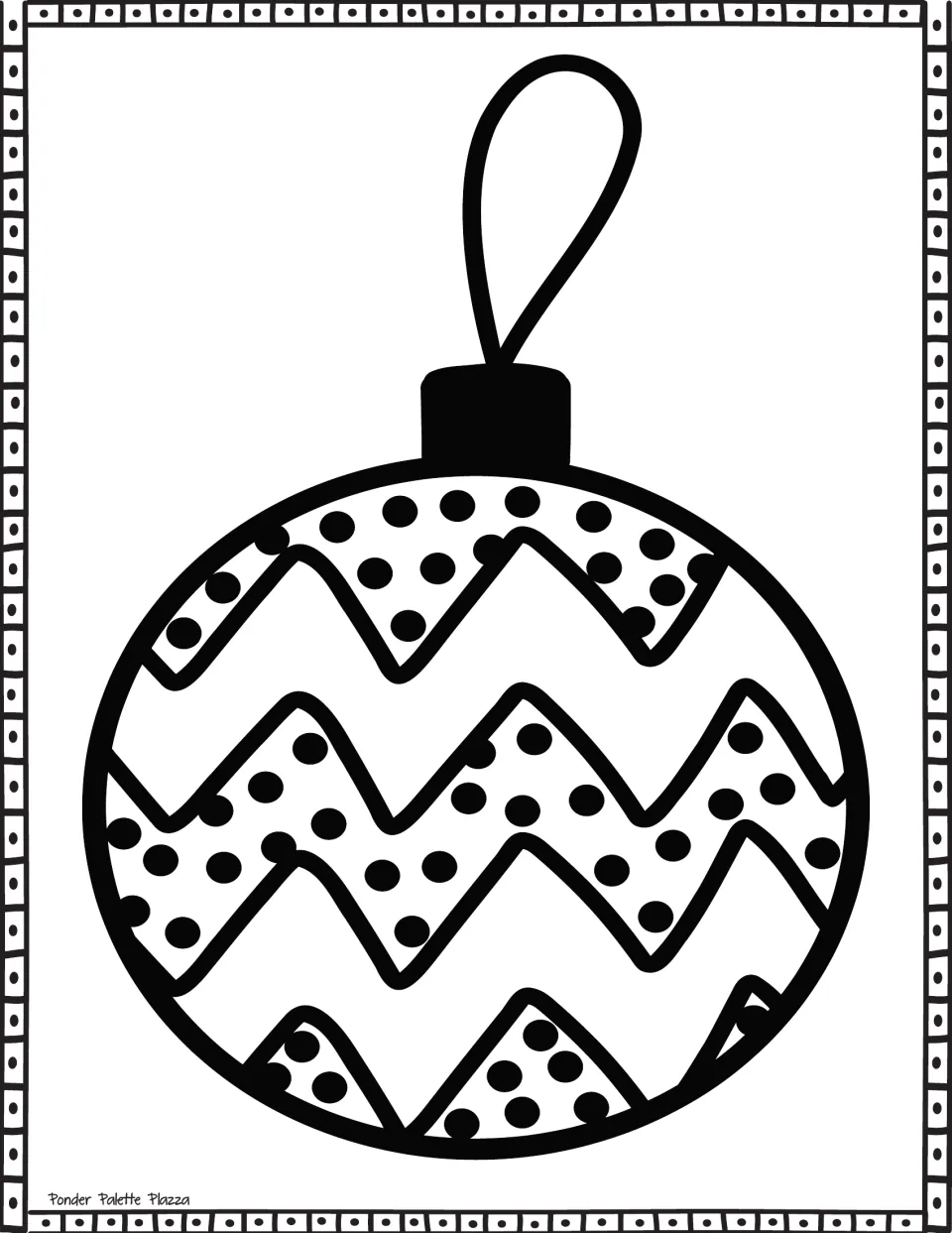 Zigzag ornament coloring page: students color a round bauble decorated with bold zigzag bands and polka dots