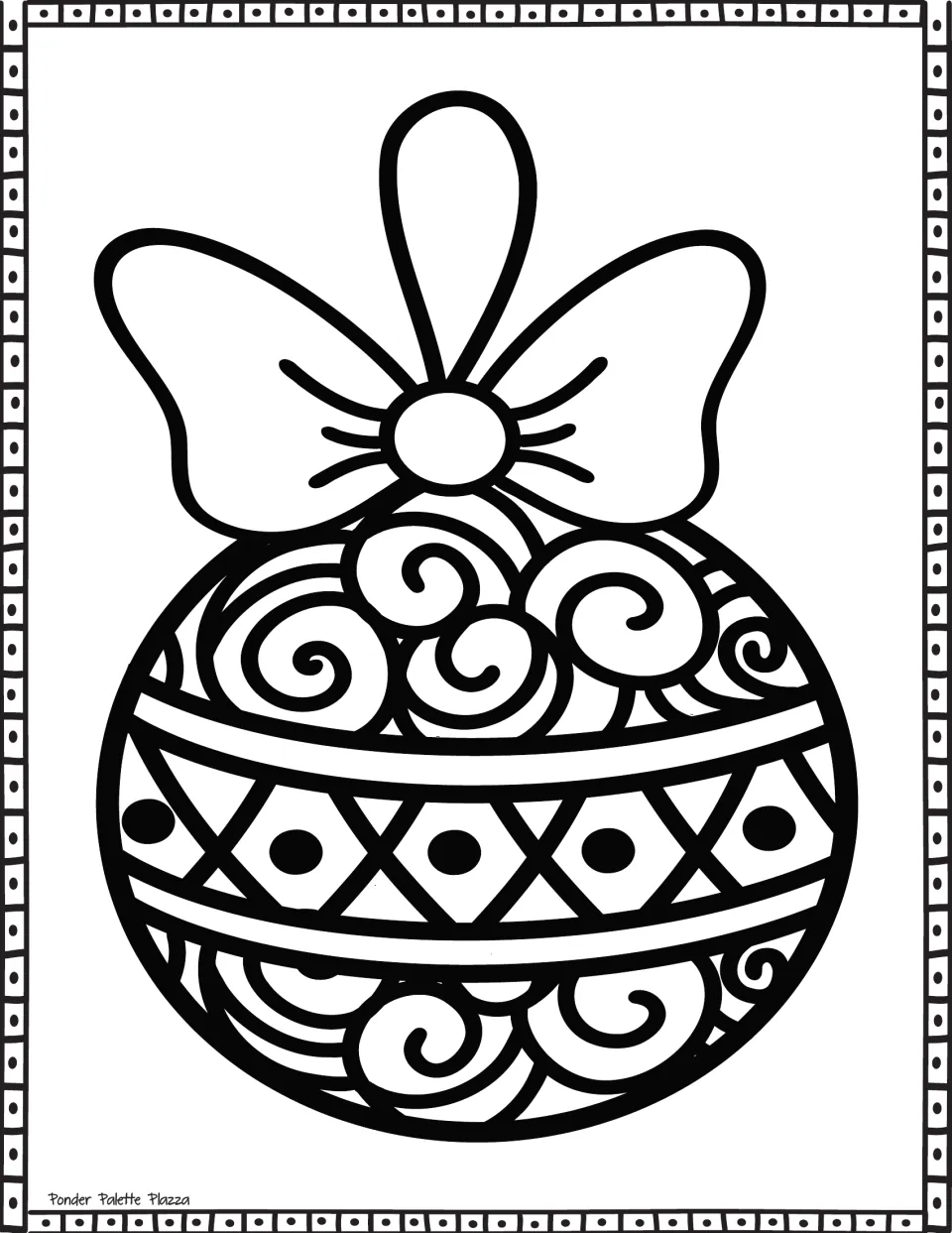 Bow-topped ornament coloring page: students color a round bauble with a ribbon bow, swirls and a diamond-and-dot band