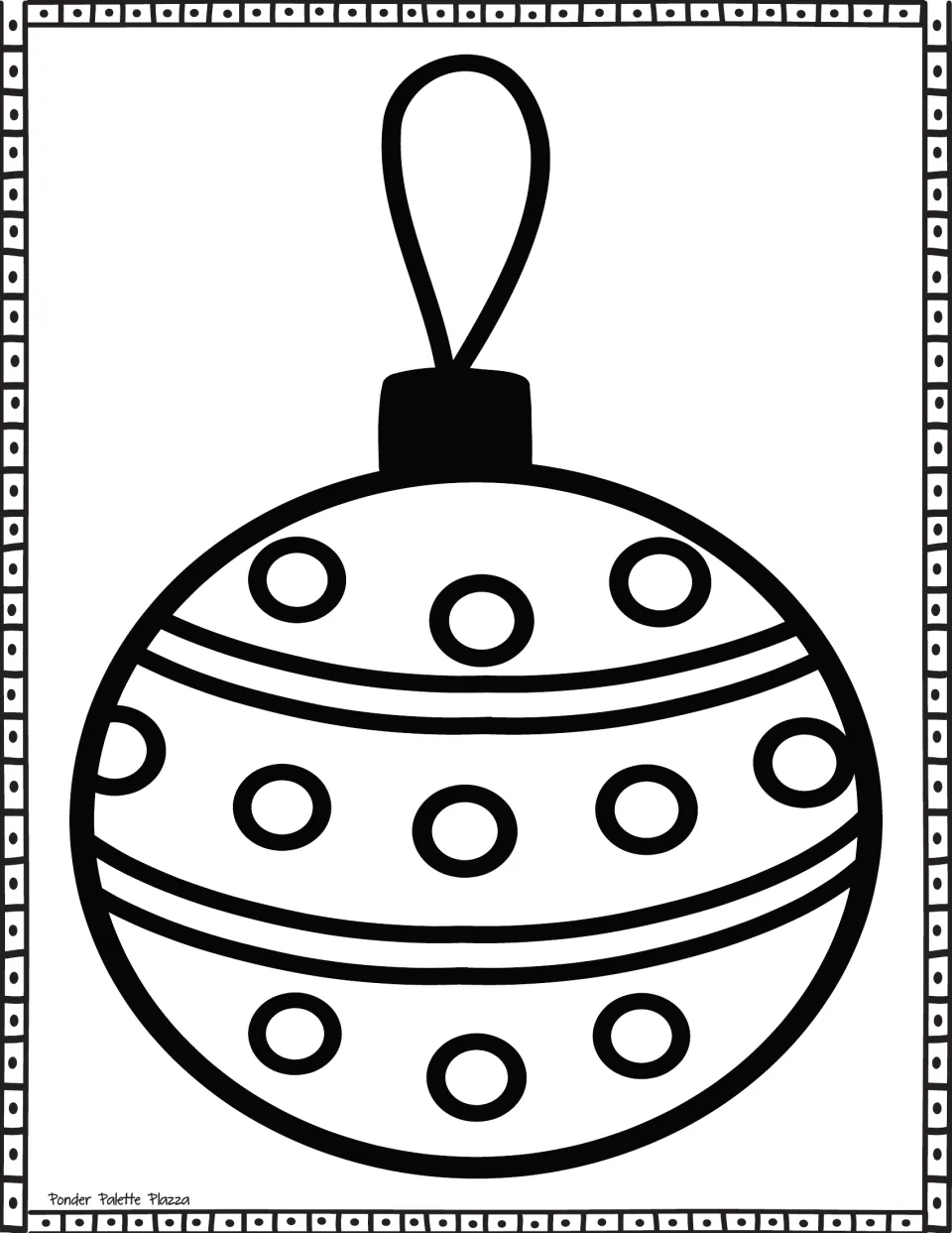 Polka-dot ornament coloring page: students color a round bauble with stripes and rows of large open circles
