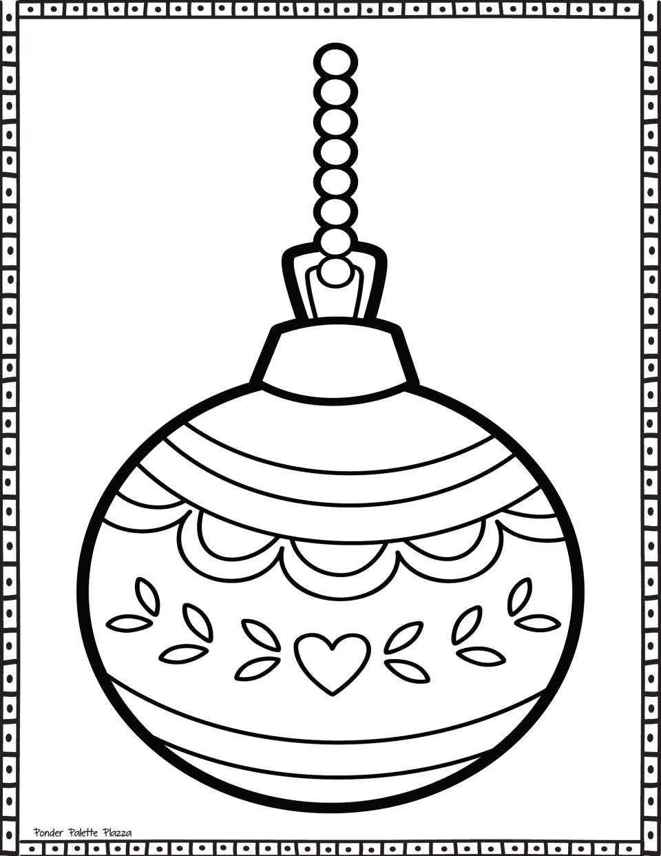 Beaded-chain ornament coloring page: students color a bauble on a bead chain with scallops, leaves and a heart