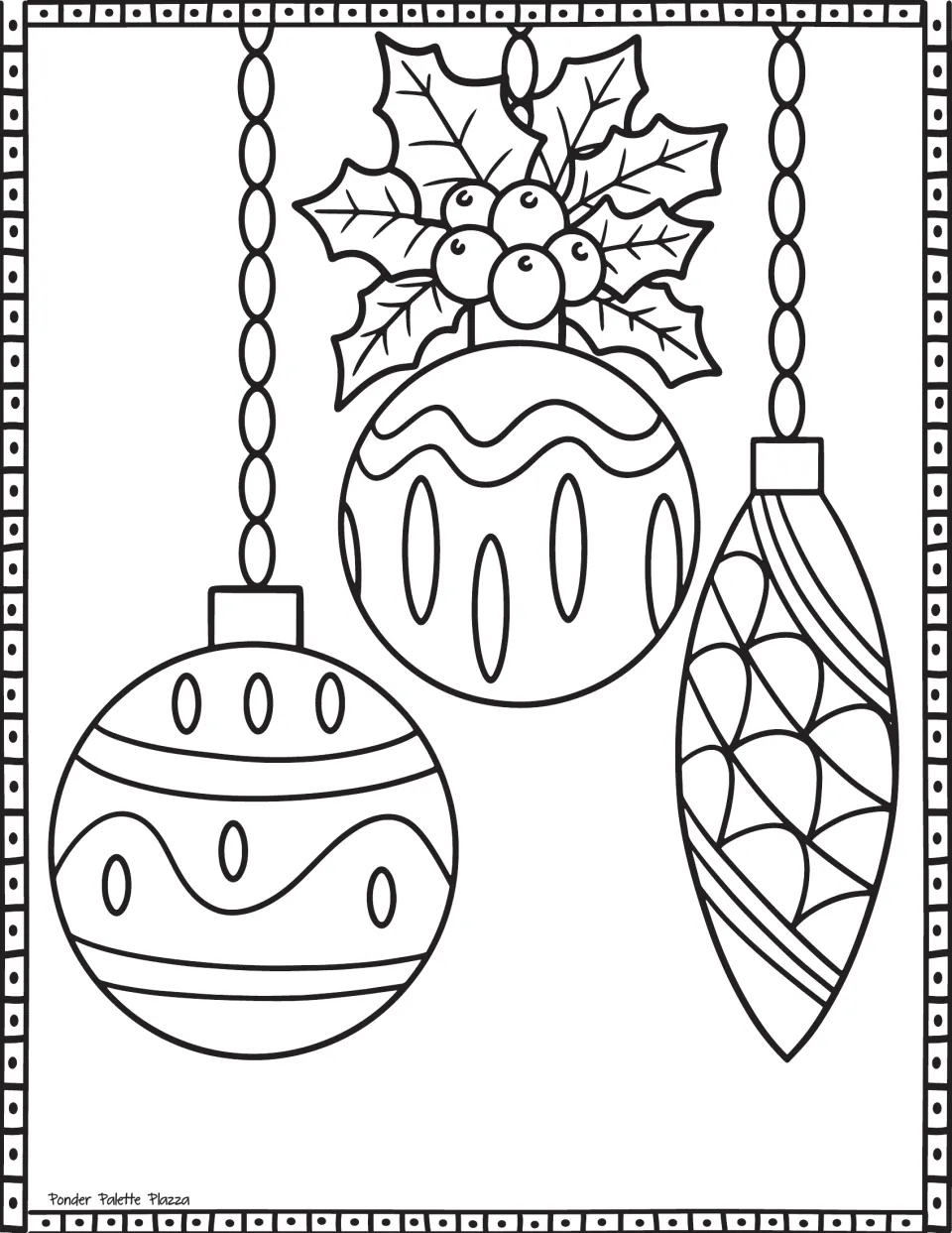 Three hanging ornaments coloring page: students color two baubles and a long drop ornament on chains, topped by holly