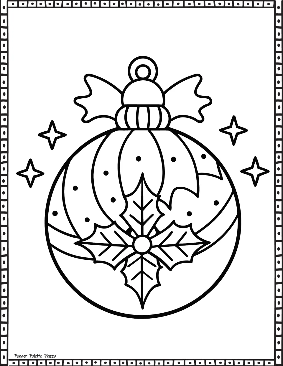 Holly ornament coloring page: students color a bauble with a holly leaf design, a ribbon bow and four sparkle stars