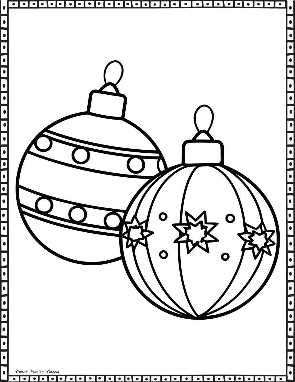 Pair of baubles coloring page: students color two overlapping ornaments, one with dotted stripes, one with stars