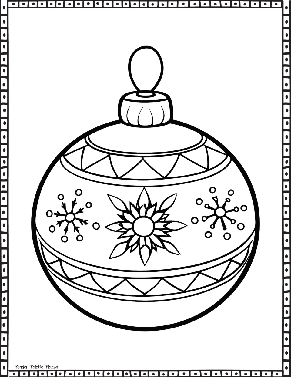 Snowflake ornament coloring page: students color a bauble with a flower medallion, two snowflakes and triangle bands