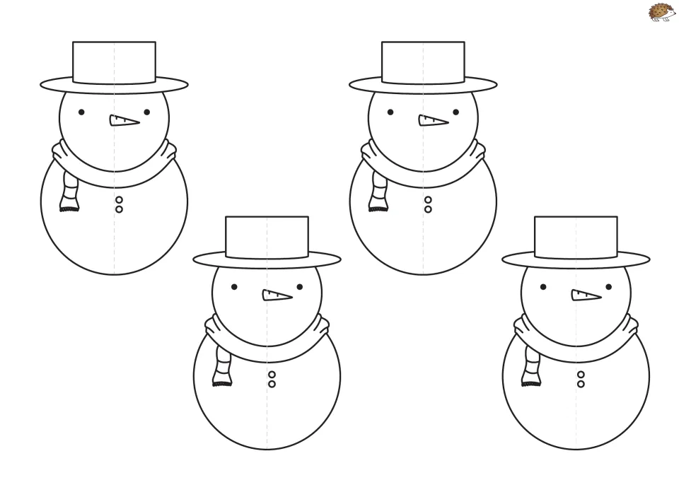 Snowman ornament template sheet has four matching snowmen in hats and scarves to color, cut, fold, and glue