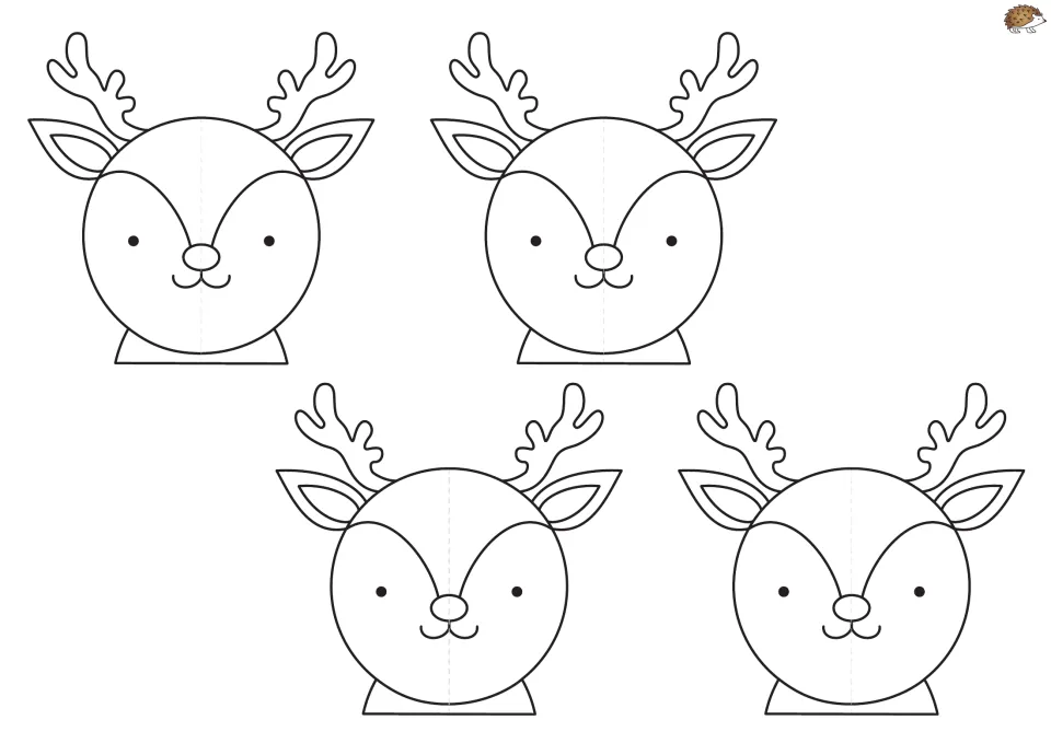 Reindeer ornament template sheet has four matching reindeer heads with antlers to color, cut, fold, and glue