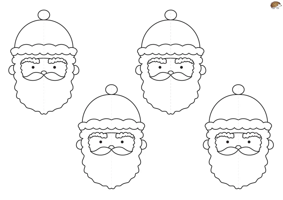 Santa ornament template sheet has four matching Santa faces with hats and beards to color, cut, fold, and glue