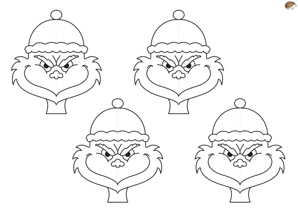 Grinch ornament template sheet has four matching Grinch faces wearing Santa hats to color, cut, fold, and glue